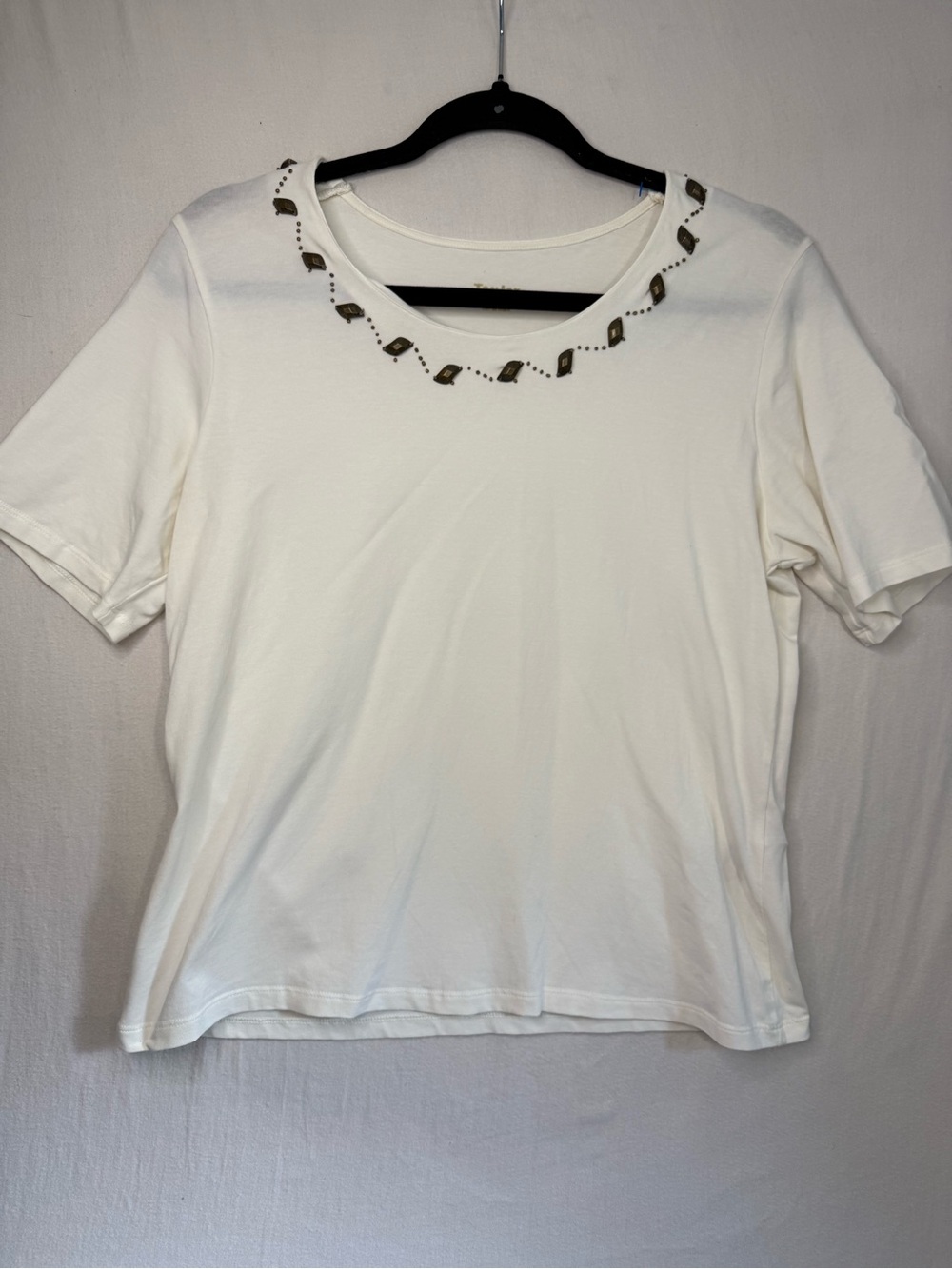 Tan Jay Embellished Crewneck Short-Sleeve Top Cotton Blend - White Petite Small